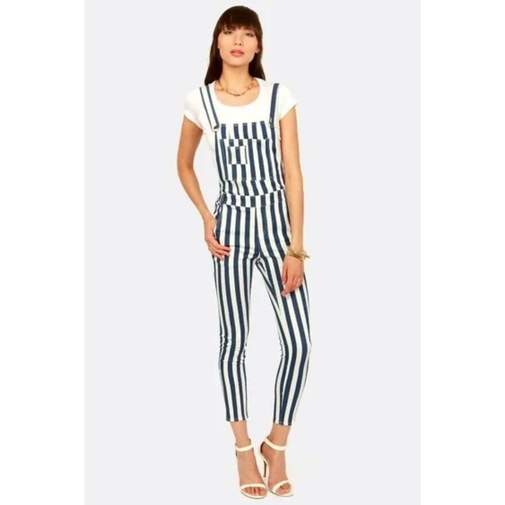 Akira Chicago Womens Striped Jumpsuit Stretch Pockets White Blue Size Large